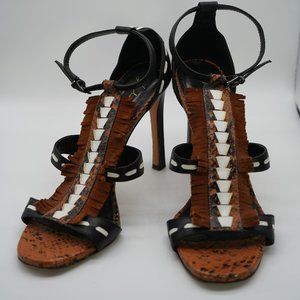 Lola Cury Black, Brown, Suede fringe Strappy Sandal Heels